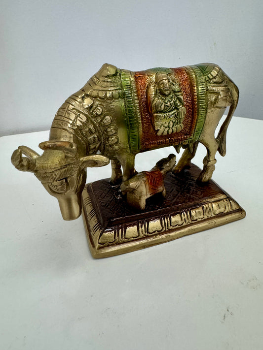 Kamdhenu Cow and Calf Brass Idol