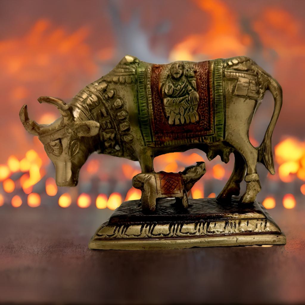 Kamdhenu Cow and Calf Brass Idol